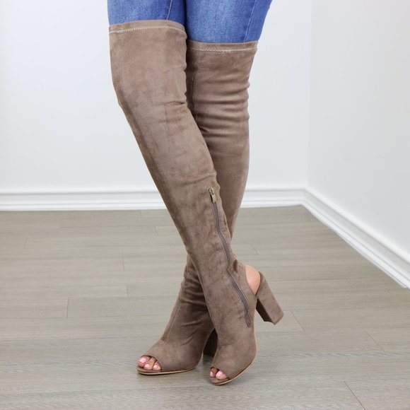 Suede Thigh High Peep Toe & Heel Chunky Heel Boot - Picture 5 of 8